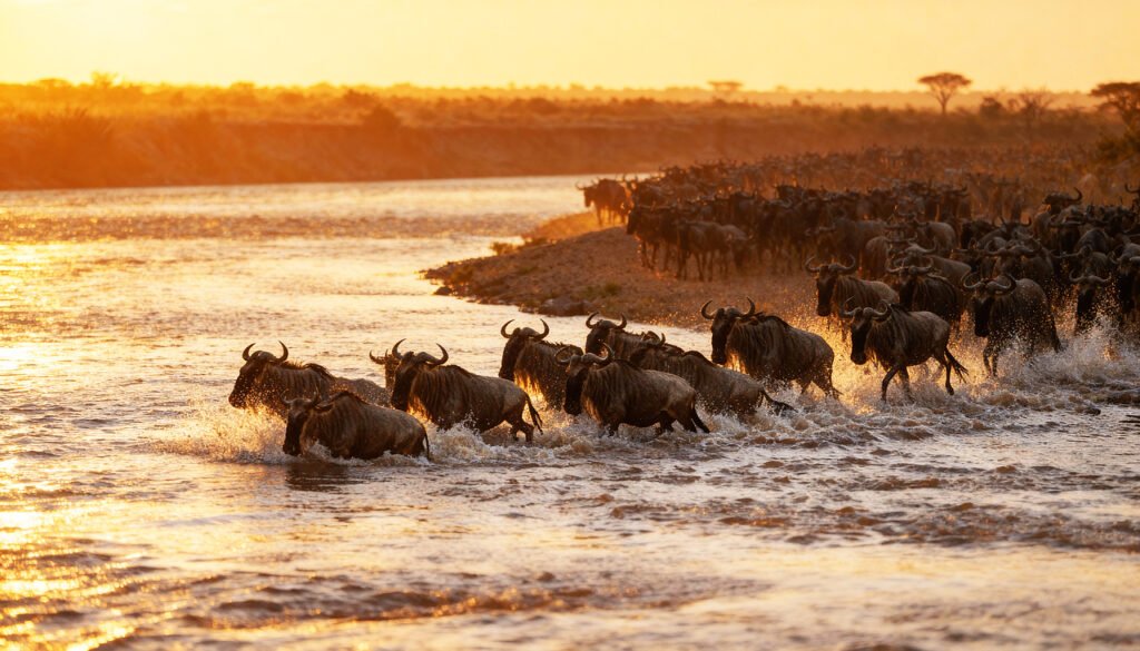 Dangerous Mara River crossing with wildebeest migrating in East Africa.