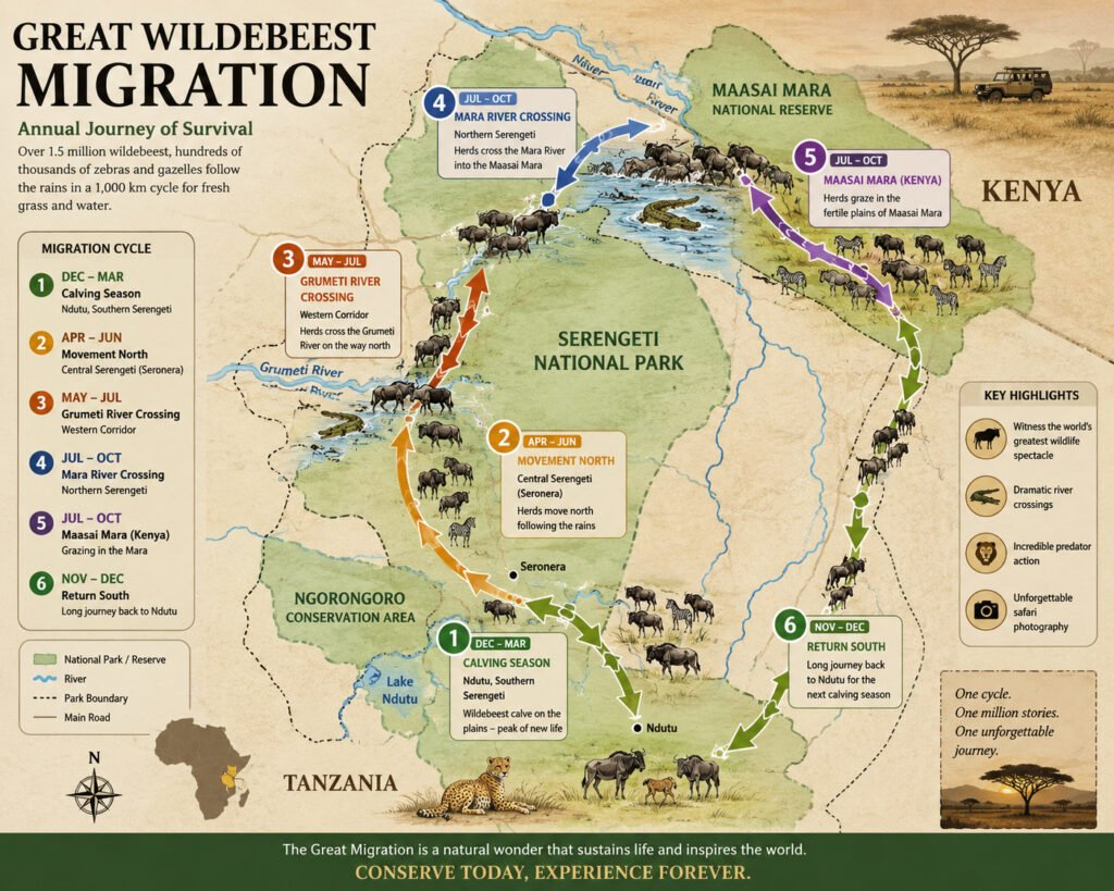 Great Migration map showing wildebeest movement through Serengeti and Maasai Mara, including Mara and Grumeti crossings.